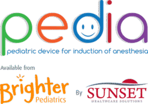 Logo that reads "PeDIA: Pediatric device for induction of anesthesia, available from Brighter Pediatrics by Sunset Healthcare Solutions"